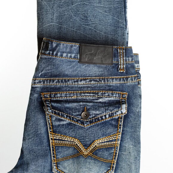 True Luck Men’s Straight Fit Jeans 38x32 Medium Wash Distressed Stitch Denim - Picture 5 of 8